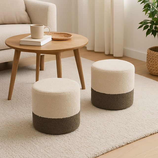 Puf rotund tapițat în două culori boucle, Ø 35 x 34 cm