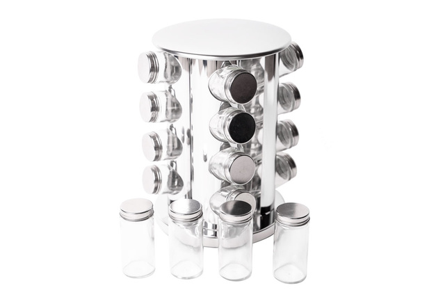 Raft metalic pentru condimente + recipiente din sticlă - 17 elemente incluse