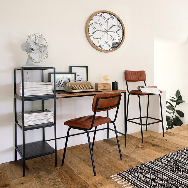 Oglinda rotunda din lemn, Ø 64 cm, cu decor metalic