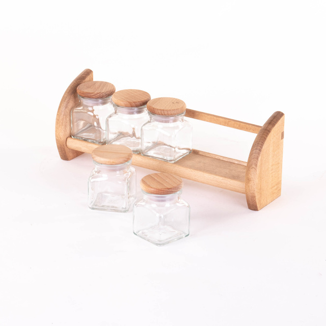Raft din lemn pentru condimente cu recipiente din sticlă, 32,8 x 6,7 x 12,2 cm