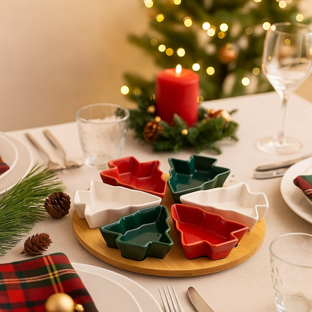 Set 6 boluri in forma de brad de Craciun, pe tava de bambus, Ø 27 cm