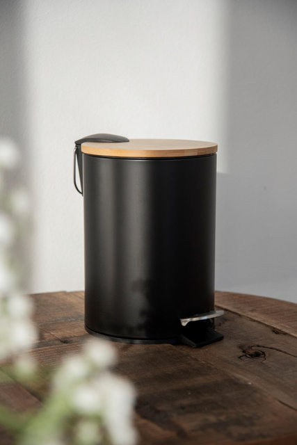 Cos de gunoi pentru baie TORTONA, capac din bambus, cu functie Easy-Close, negru, 3 L, Wenko