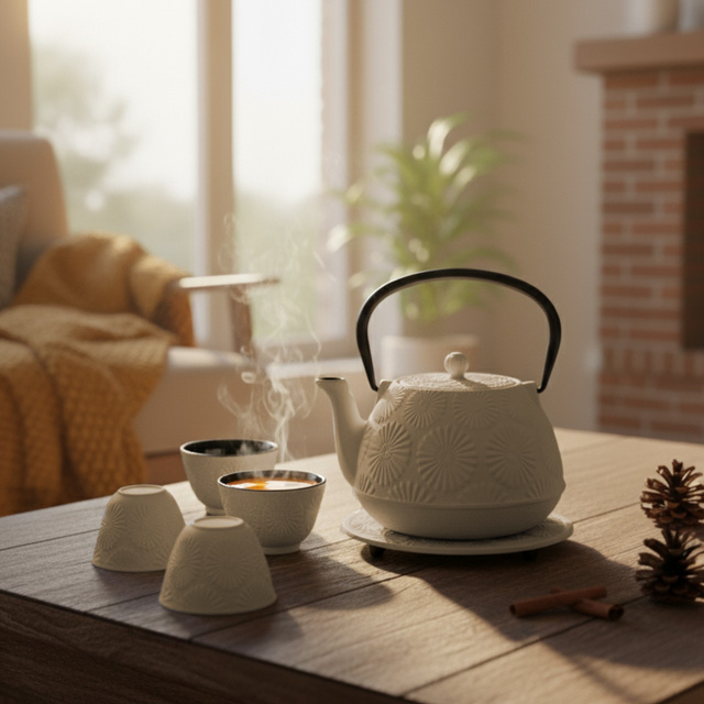 Căldare din fontă cu cești și suport KOGA, 1200 ml, albă