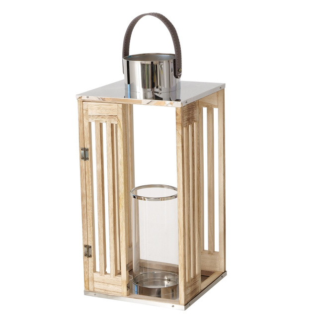 Set 2 felinare din lemn Octavia, cu maner din piele