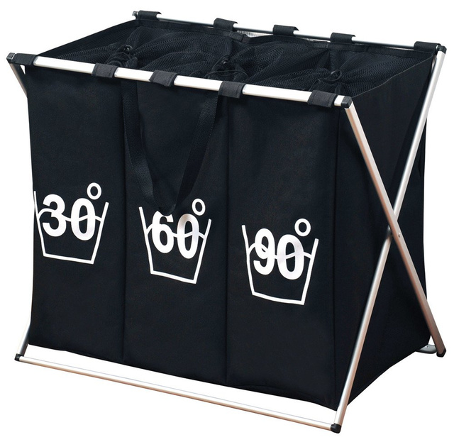 Coș pentru rufe 3 compartimente, Negru, 150 L.