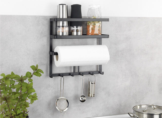 Raft suspendat negru cu spatiu pentru hartie de bucatarie, montaj fara gaurire, WENKO