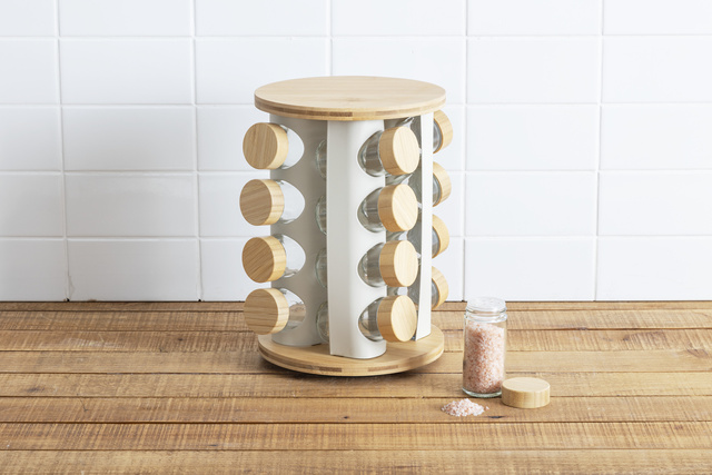 Suport rotativ pentru condimente SENSIA, 13 borcane cu capace din bambus