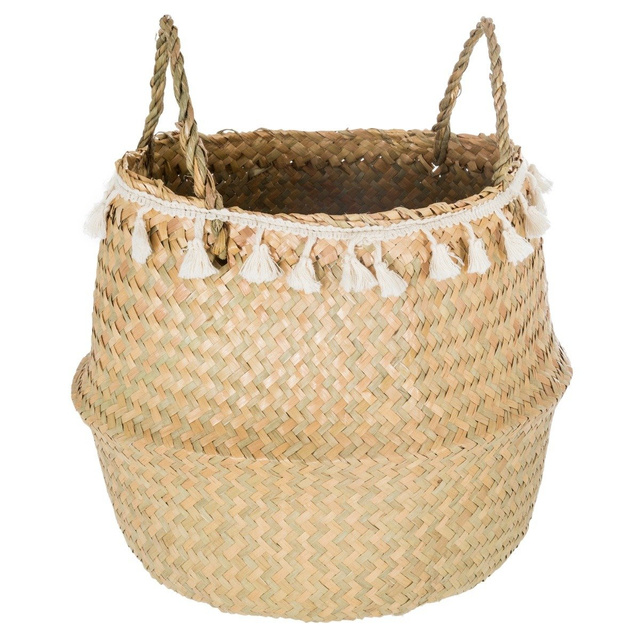 Coș decorativ, iarbă de mare, țesut, Ø 31 cm, cu franjuri