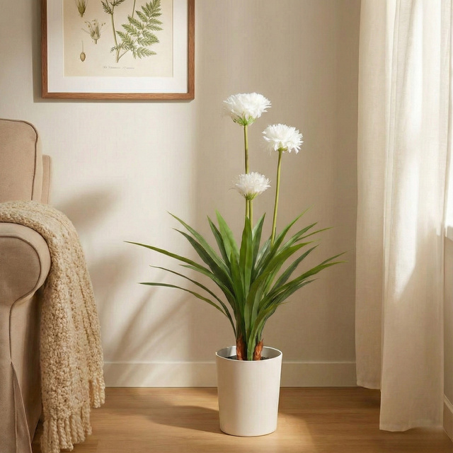 Floare artificială mare în ghiveci Agapant, 70 x 120 cm, albă