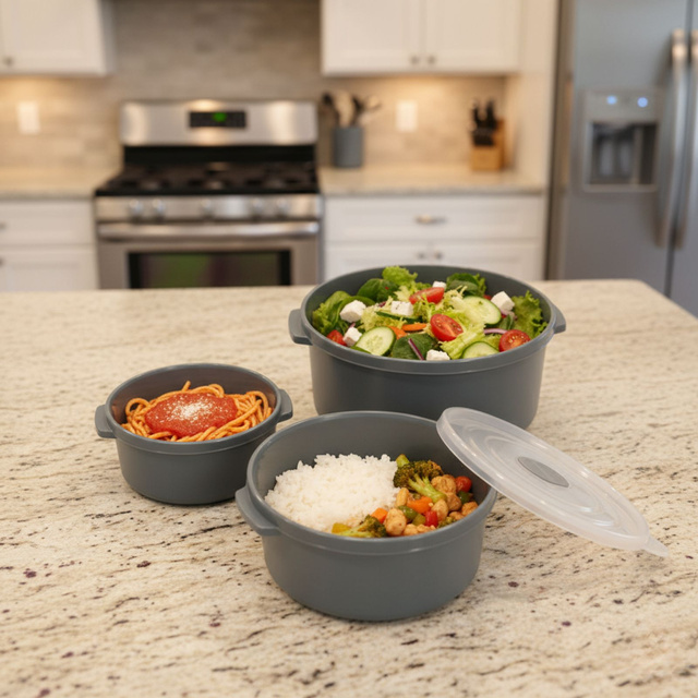 Containere pentru alimente pentru microunde, rotunde, 3 dimensiuni diferite, gri