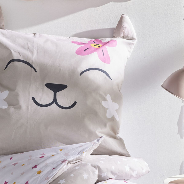 Lenjerie de pat pentru copii 140x200 cm LAZY MORNING, din bumbac, cu față de pernă cu urechi, pisicuță
