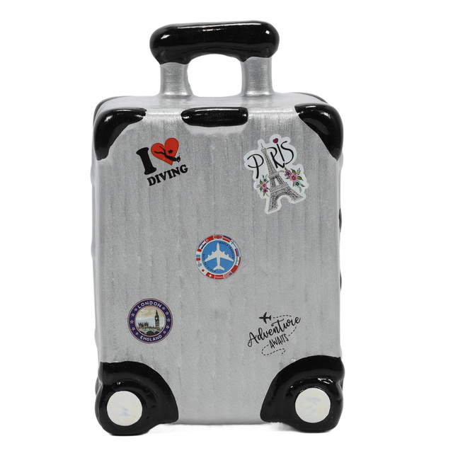 O pușculiță din ceramică colorată cu motiv de călătorie