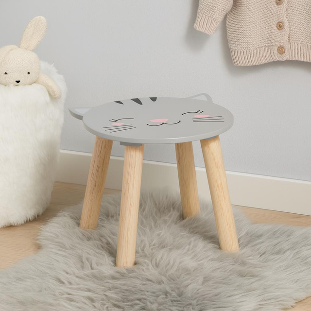 Scaunel din lemn pentru copii SAFARI cu motiv de animale, 28 cm, pisicuță