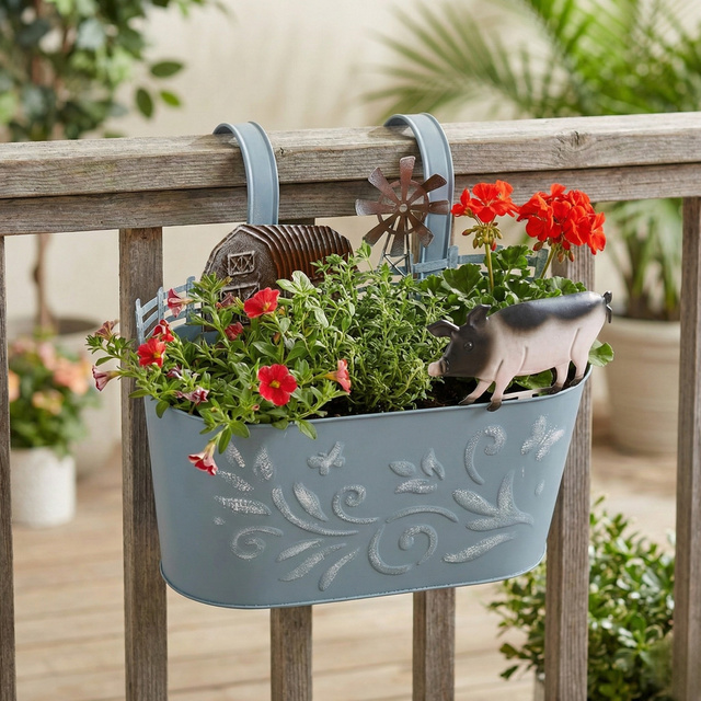 Vază metalică pentru ghiveci RANCH cu motiv de animale domestice, 34 cm, albastru