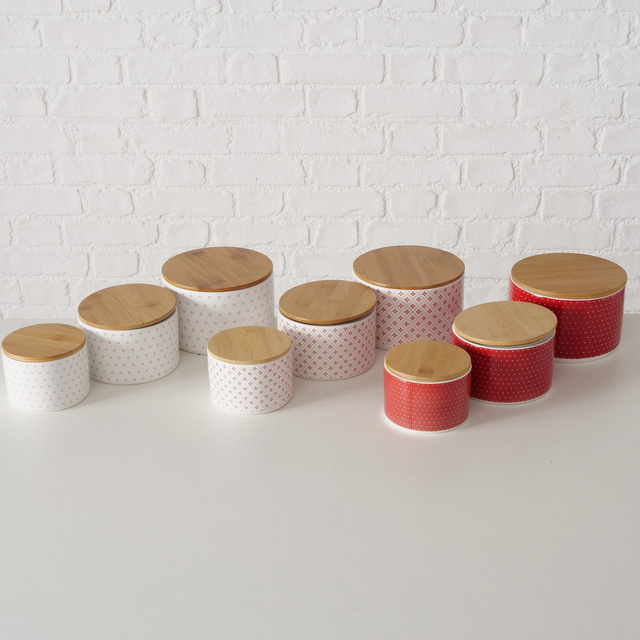 Set 3 recipiente din ceramică Lilly cu capac din bambus, rosu