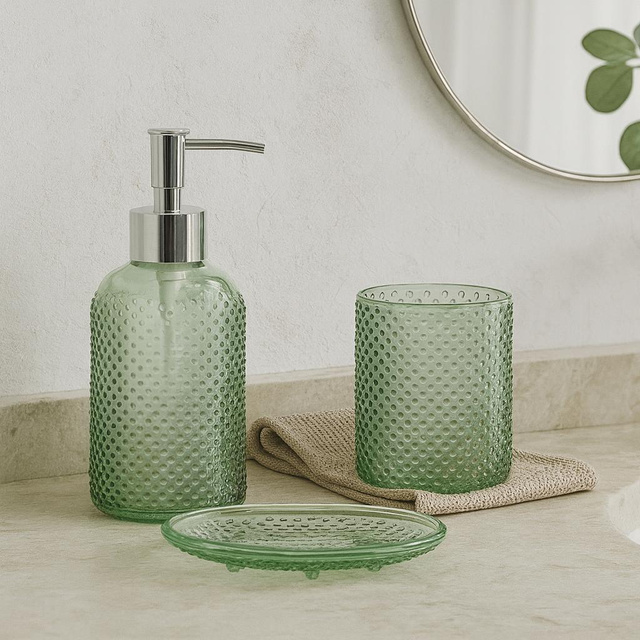 Set de baie NODE, dozator, pahar pentru periuțe de dinți și suport pentru săpun, 3 elemente, verde