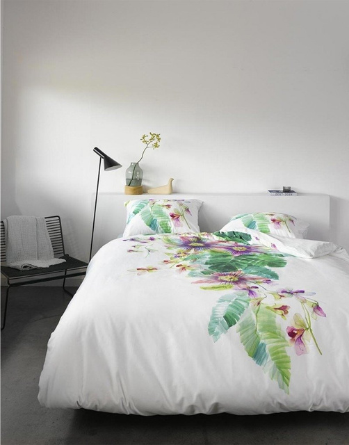 Set de lenjerie de pat din satin de bumbac, 100% bumbac - motiv de flori exotice, 200 x 220 cm, Essenza