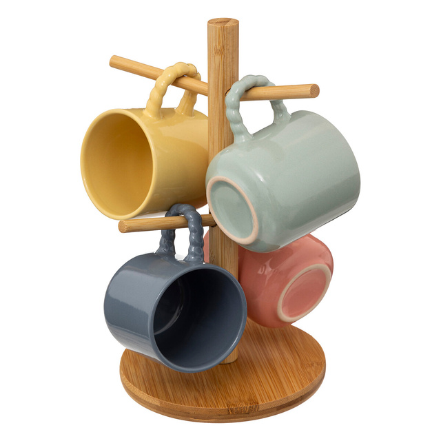 Set 4 cani ceramice pe suport de bambus EMMA, 210 ml