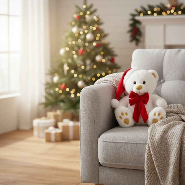 Mascota ursuleț cu pălărie de Moș Crăciun, 25 cm