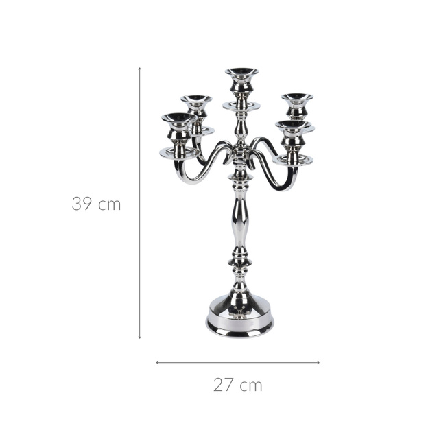 Candelabru argintiu, suport pentru 5 lumânări, 39 cm