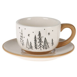 Cana de iarnă cu farfurie, cu motiv de brăduți, 220 ml
