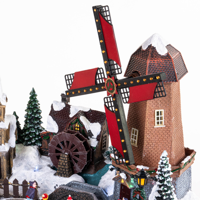 Figurina sat de Craciun cu lumini si o moara de vant in miscare