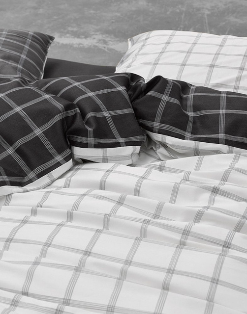 Lenjerie din satin de bumbac antracit-alb, față de pernă decorativă, lenjerie în carouri, Essenza, 200 x 220 cm