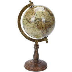 Glob decorativ cu un glob de alamă și bază din lemn de mango, 15,5 x 13 x 28 cm