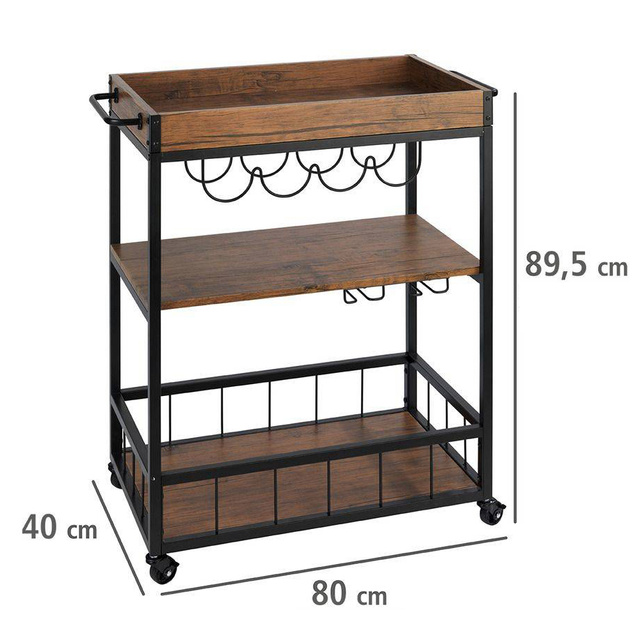 Cărucior de bucătărie RUSTICO, etajera pe trei niveluri pe roți cu suporturi pentru sticle și pahare - 80 x 89,5 x 40 cm, WENKO