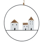 Decor de perete cu case din lemn, GOTAN, Ø 28 cm