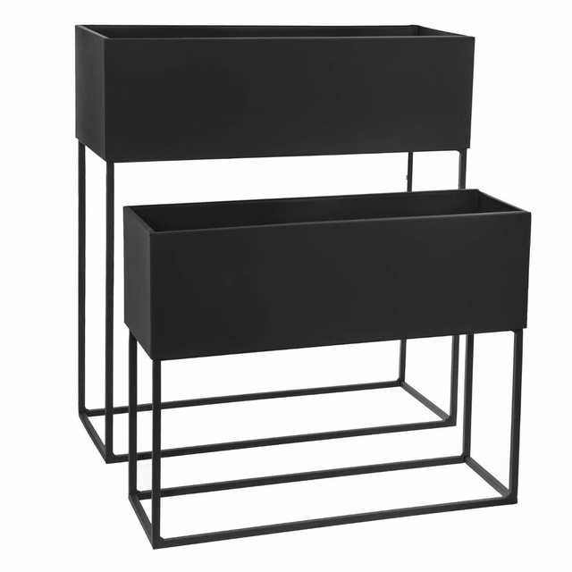 Suport modern pentru flori din metal, pentru 2 ghivece dreptunghiulare, de culoare neagră