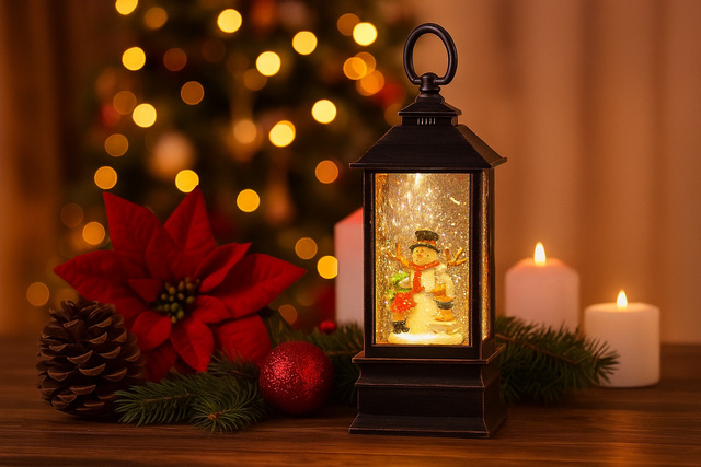 Lanterină decorativă de Crăciun cu LED, apă și sclipici, 23 cm, om de zăpadă