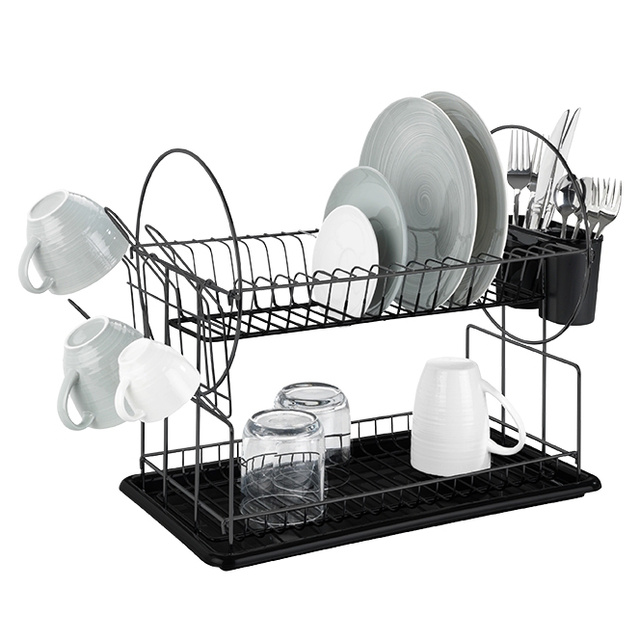 Uscător de vase Premium Duo WENKO, 2 niveluri de uscare și un recipient pentru tacâmuri cu două compartimente