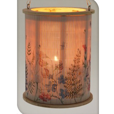 Felinar din bambus cu mâner din frânghie, Ø 17 x 21,5 cm, model floral