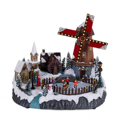 Figurina sat de Craciun cu lumini si o moara de vant in miscare