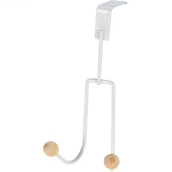 Cuier de usa alb, metalic, cu 2 carlige cu bile din lemn, 19 x 9,5 x 10,5 cm