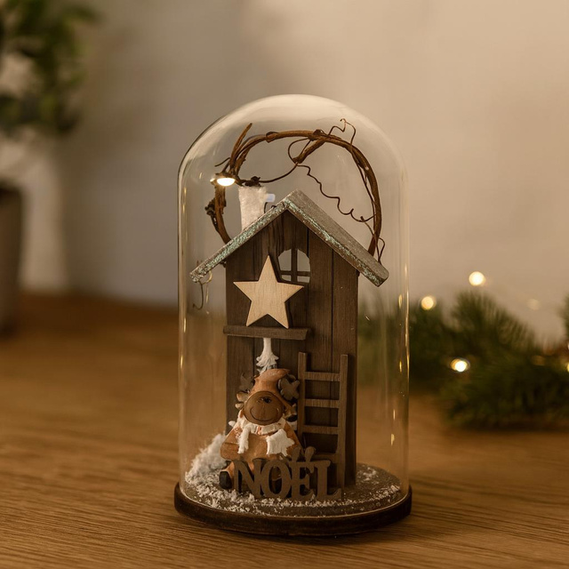 Sfera de sticlă cu ornament din lemn, 11 cm