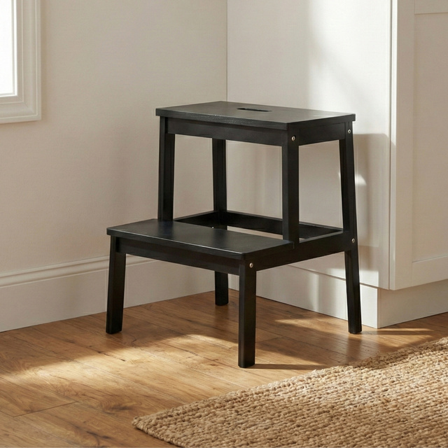 Taburet din bambus cu treaptă KROK, înălțime 46 cm, negru