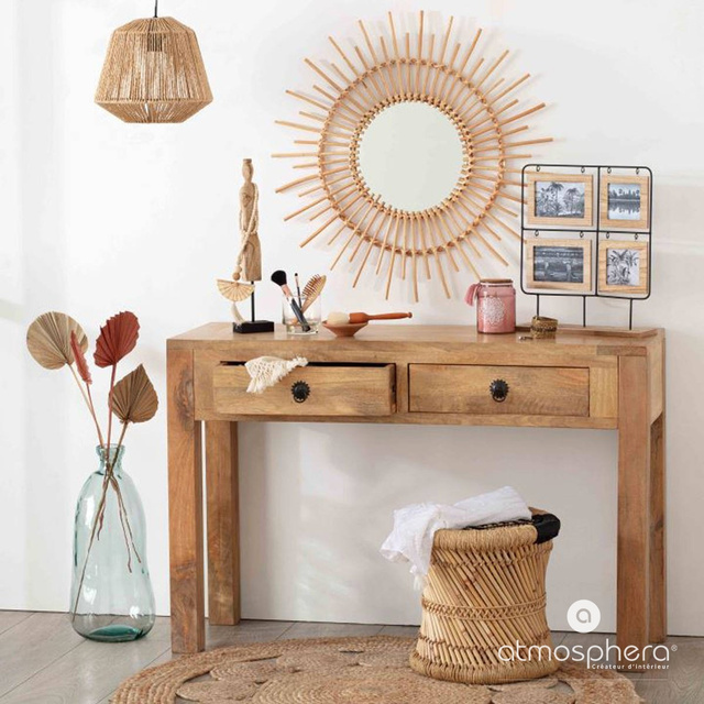 Oglinda de perete,rotunda, cadru din ratan, Ø 76 cm, Bej