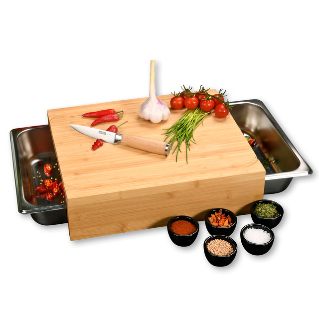 Tocator din bambus cu doua recipiente din otel inoxidabil, Kesper