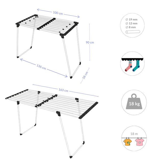 Uscător telescopic pentru rufe, 100-163 cm, LALEA