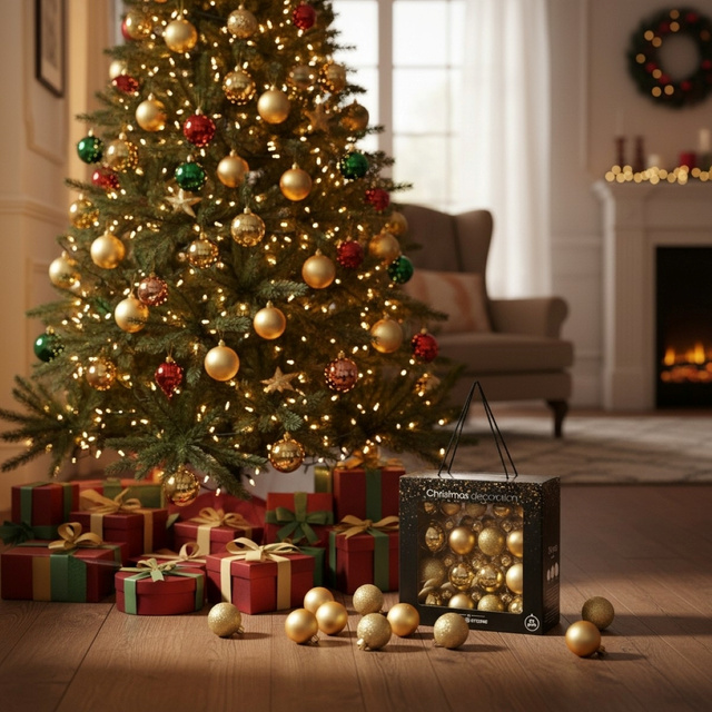 Globuri de sticlă pentru brad în diferite dimensiuni, aurii, 34 buc.