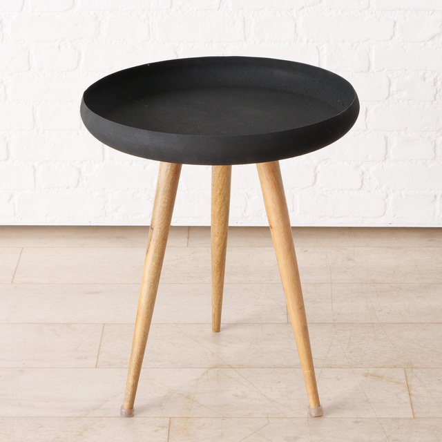 Set 3 masute de cafea loft cu blat negru si picioare din lemn de mango Masdour