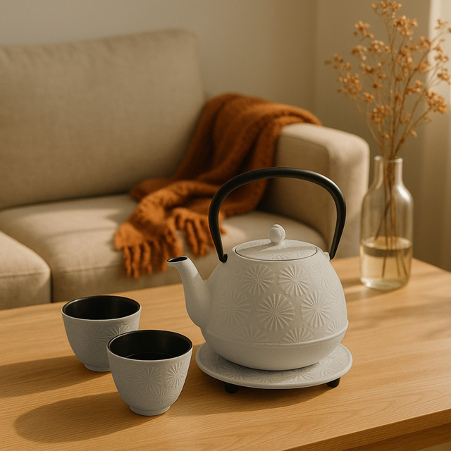 Căldare din fontă cu cești și suport KOGA, 1200 ml, albă