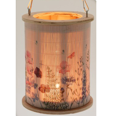 Felinar din bambus cu mâner din frânghie, Ø 13 x 16,5 cm, model floral