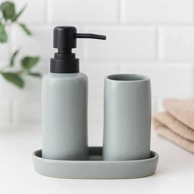 Set de baie PLY, dozator ceramic, cană și tavă, gri