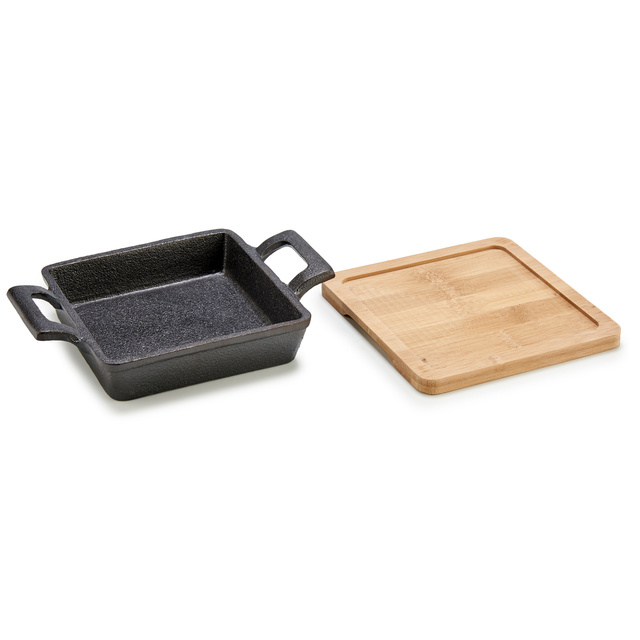 Oală din fontă pe suport de bambus SLATE, 13 x 10 x 8 cm