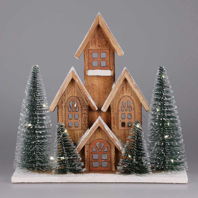 Figurină din lemn de brad cu LED Casă, 30 cm