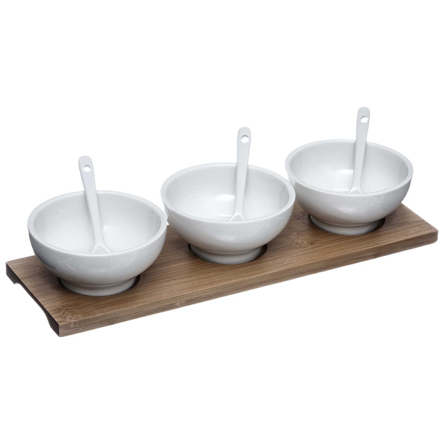 Set de gustare, 3 boluri din porțelan + linguri și farfurie