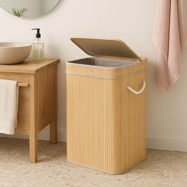 Coș de rufe din bambus cu capac, 80 l